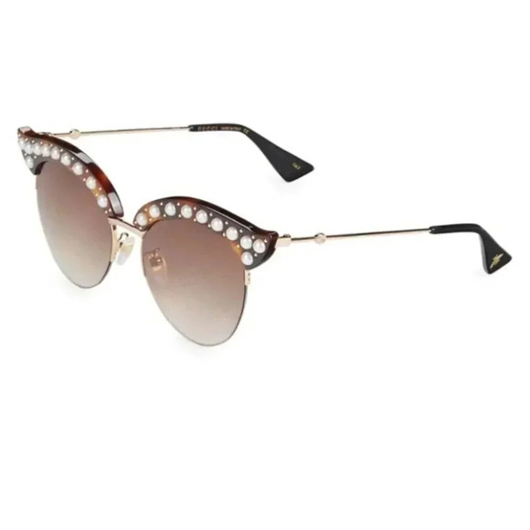 NWT GUCCI 53MM Embellished Cat Eye Sunglasses Havana Brown Faux Pearl Summer - Picture 2 of 12